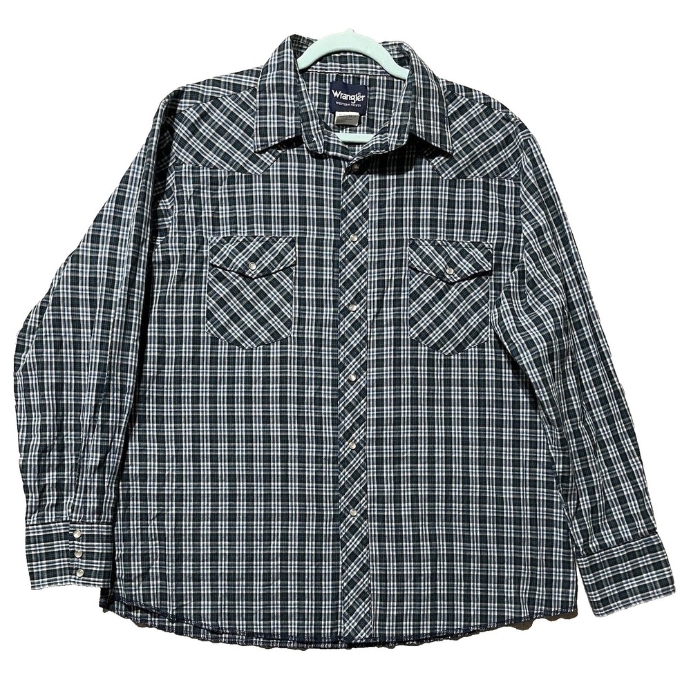 Wrangler Shirt Men's XL Black Turquoise Plaid Pearl Snap Western‎ Cowboy Rodeo